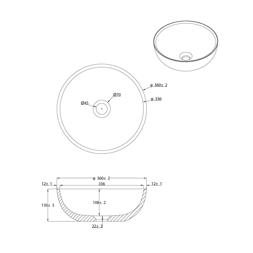 Brava Travertine Texture Concrete Round Countertop Basin Spec Drawing