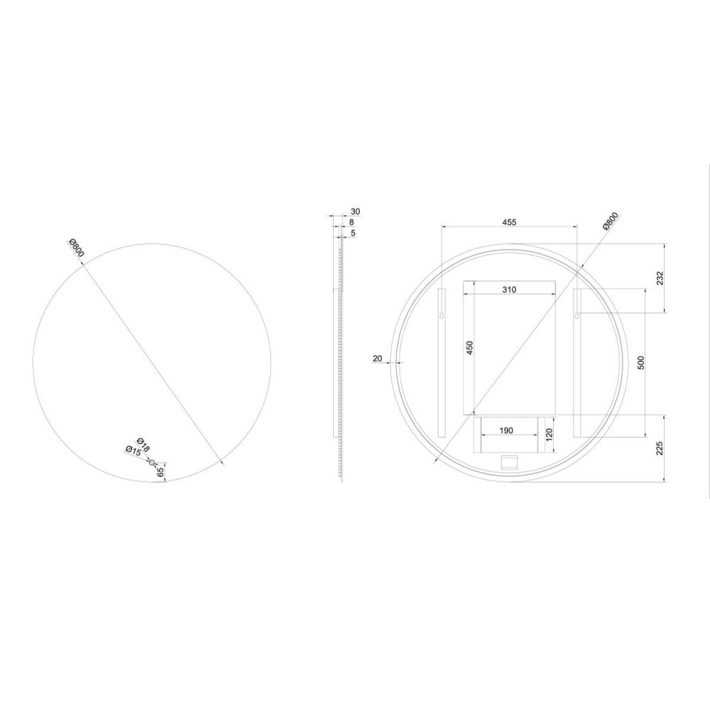 Felix Round Circle Backlit LED Heated Bathroom Mirror 800x800mm Dimension Technical Drawing
