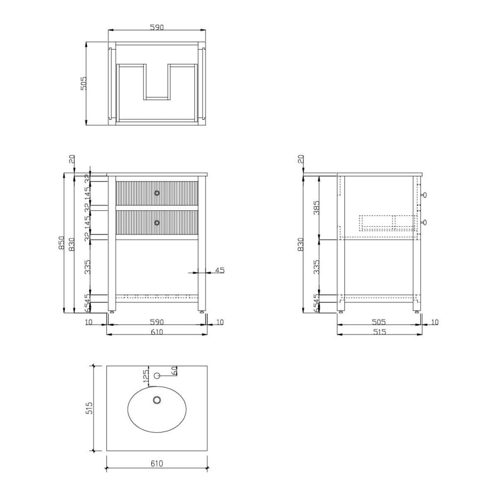 Addison Ribbed 600mm Floor Standing Vanity Unit Spec Drawing