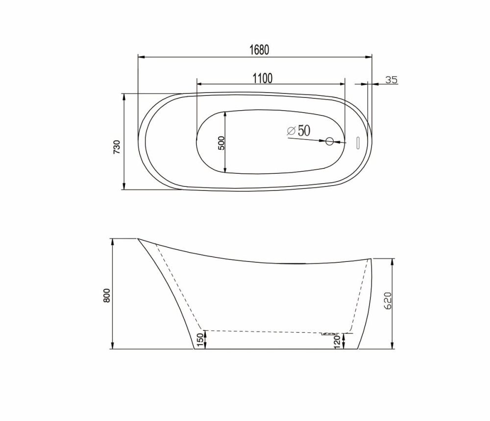 Sandhurst Freestanding Acrylic Bath 1680x730mm dimensions