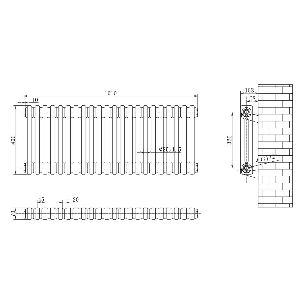 Upton Grey Triple Horizontal Column Radiator 400x1010mm