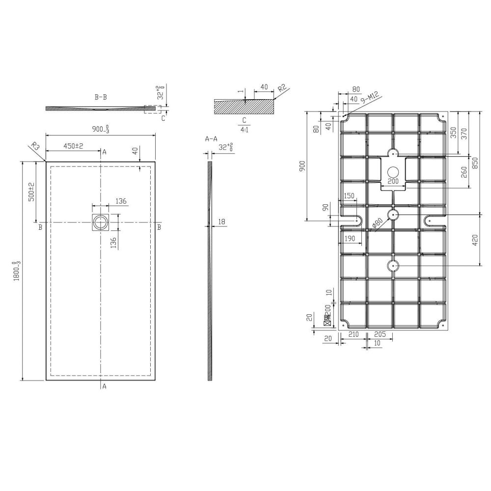 Peoria Slate Effect Rectangle Shower Tray 1800x900mm Technical Drawing