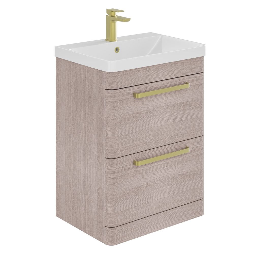 Esk Stone Grey Floor Standing Vanity Unit and Basin with Brushed Gold Handles 600mm