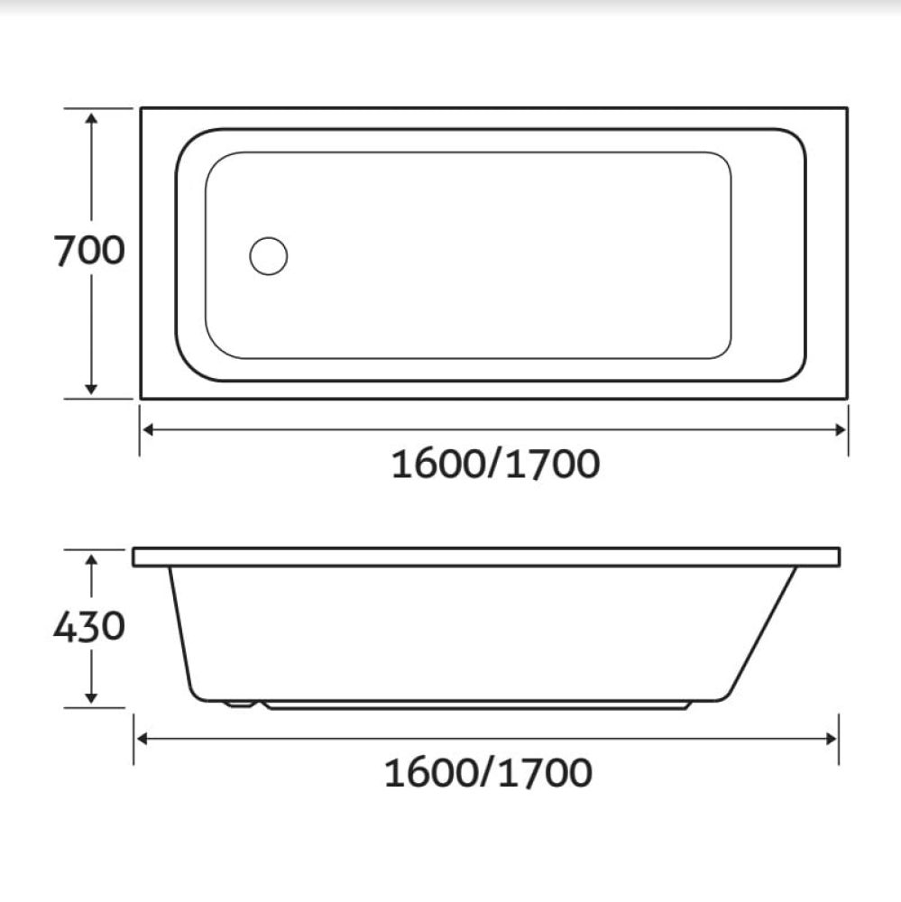 Aero Reinforced Acrylic Single Ended Bath 1600x700mm - Dimensions