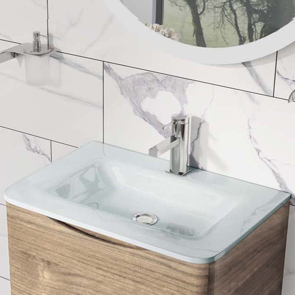 Erin Light Oak Floor Standing Vanity Unit with White Glass Basin 600mm