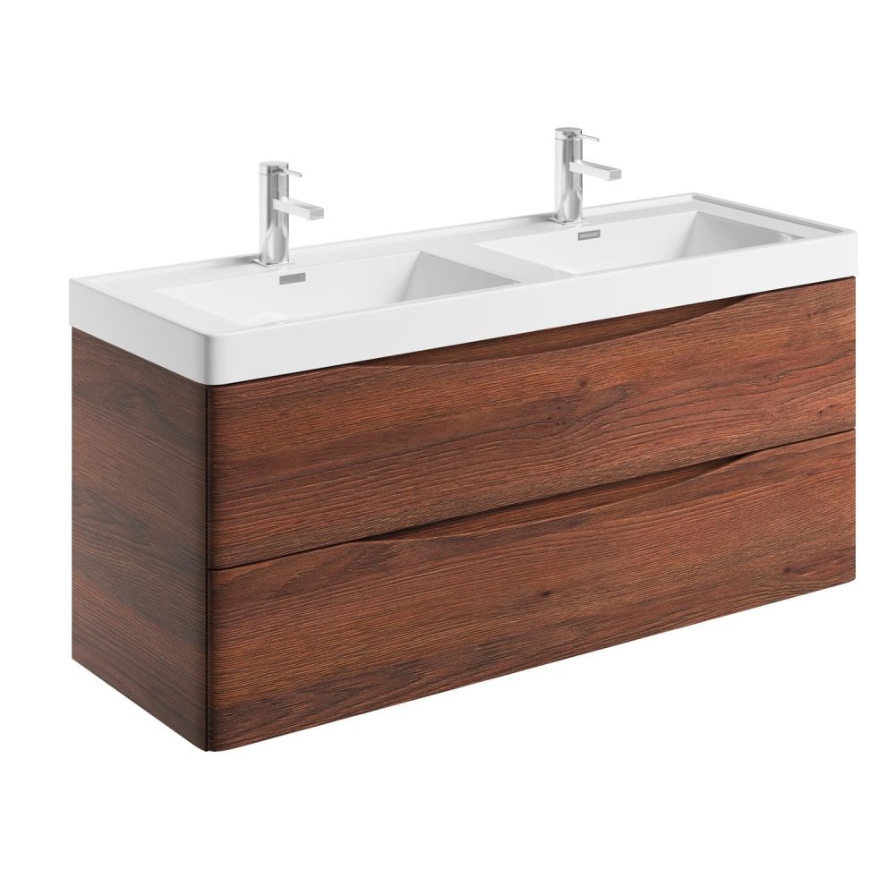 Angled front view of the Erin Rosewood Wall Hung Vanity Unit with Ceramic Basin 1200mm