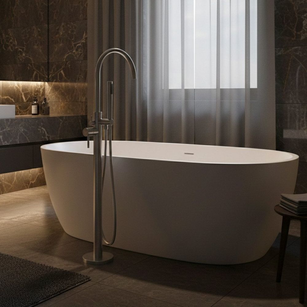 Moray Brushed Nickel Floor Standing Bath Tap With Hand Held Shower - roomset