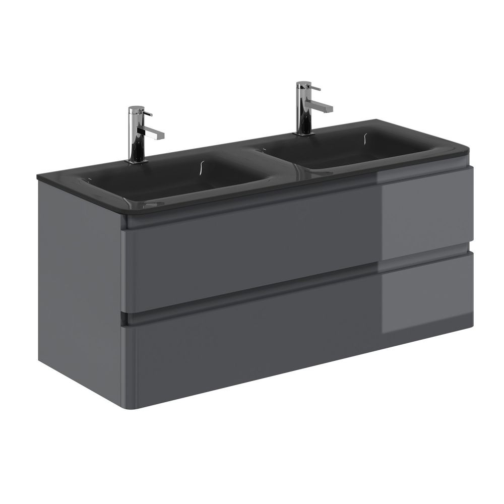 Neon Gloss Titanium Grey Wall Hung Vanity Unit with Grey Glass Basin 1200mm