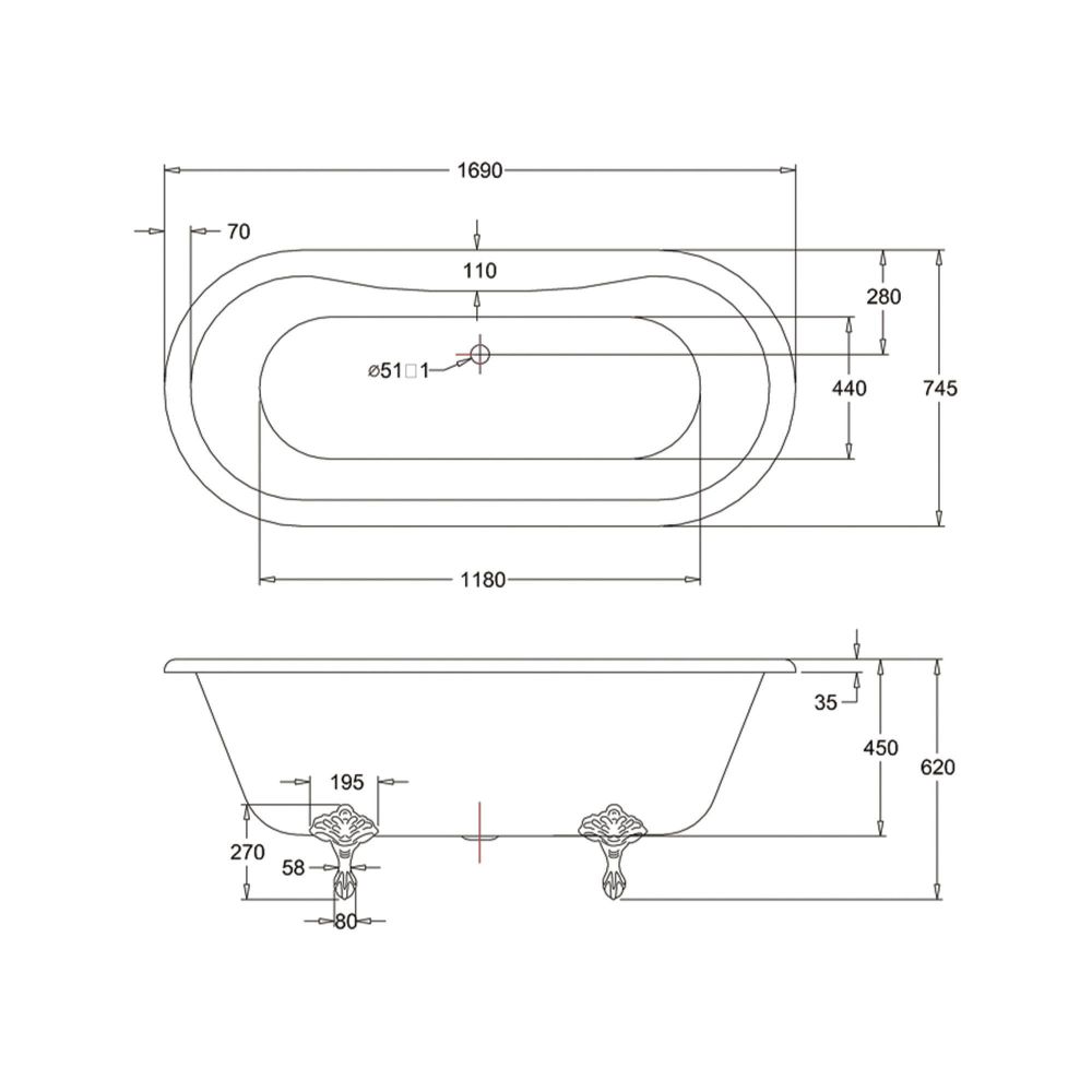 Technical drawing of a double ended bath with detailed dimensions