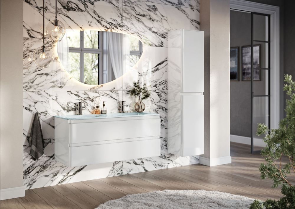 Neon Gloss White Wall Hung Vanity Unit with Opal Glass Basin 1200mm
