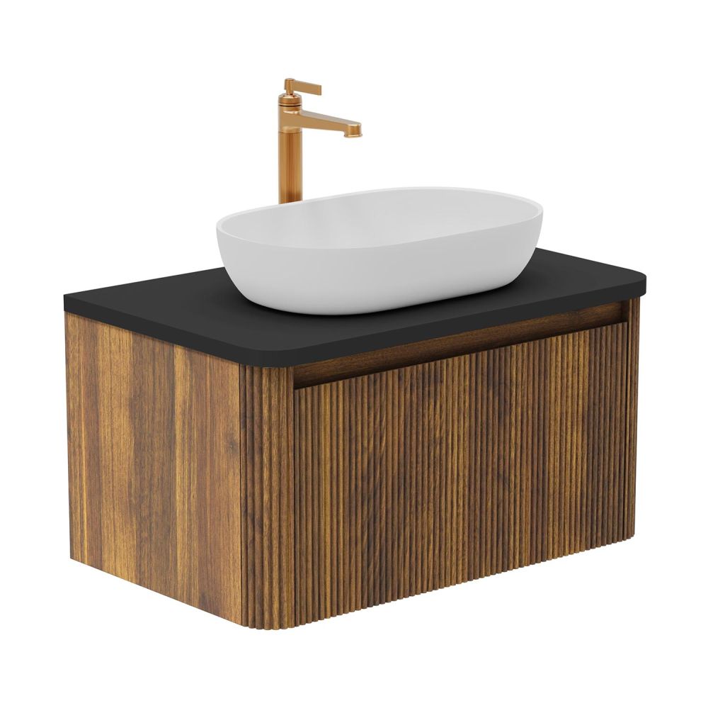 Wish Ribbed Wall Hung Vanity Unit in Walnut with Black Worktop 800mm