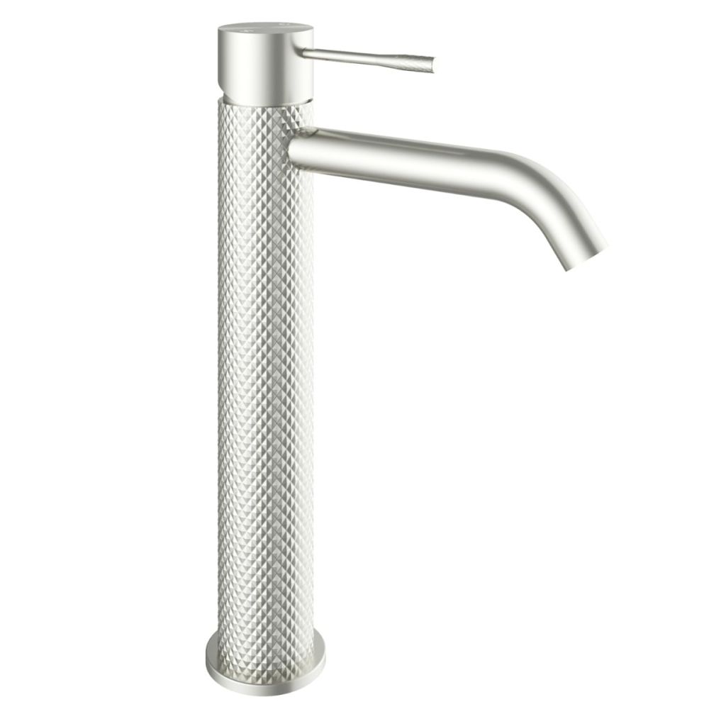 Moray Brushed Nickel tall basin mixer tap featuring a textured knurled detailing