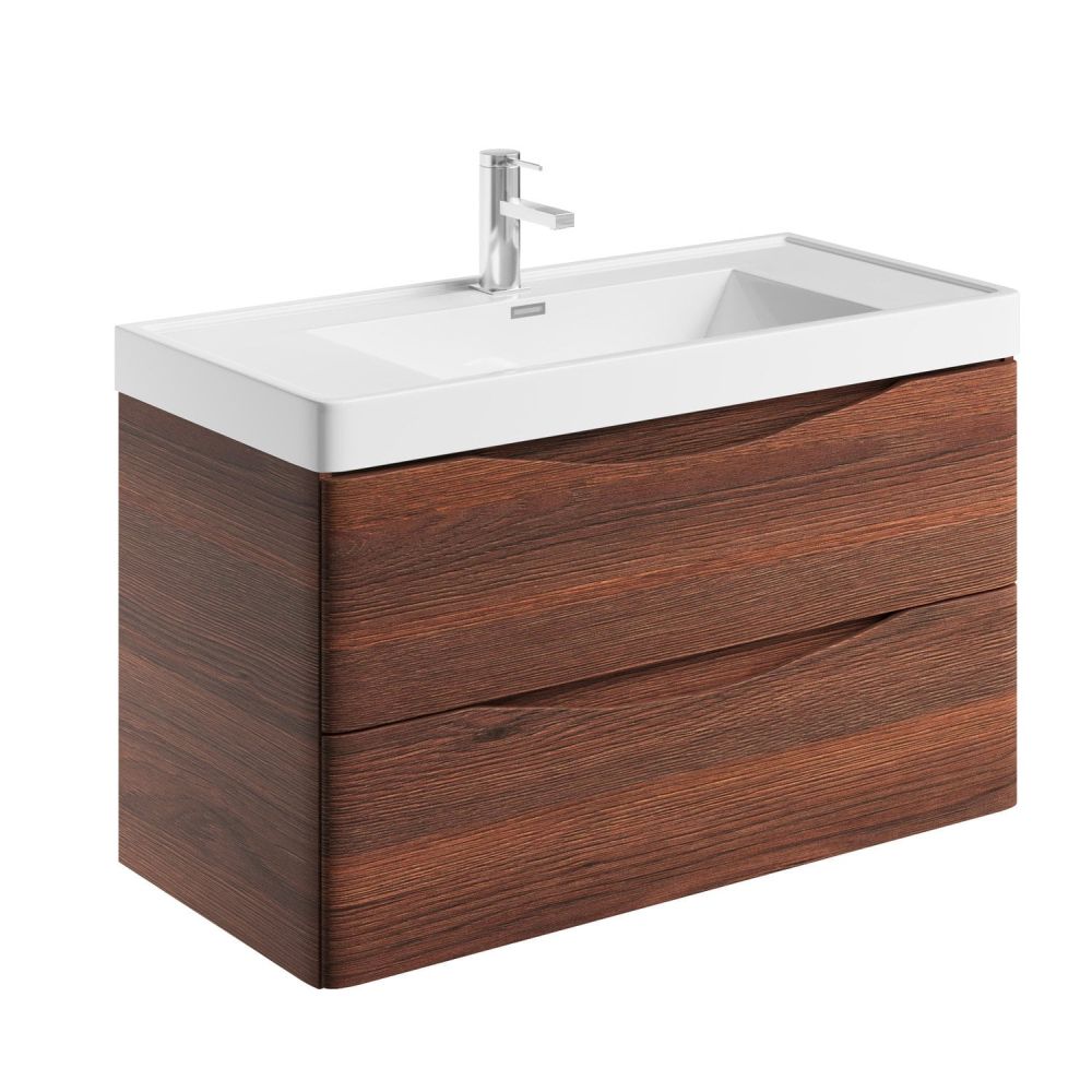 Angled view of the Erin Rosewood Wall Hung Vanity Unit with Ceramic Basin 900mm