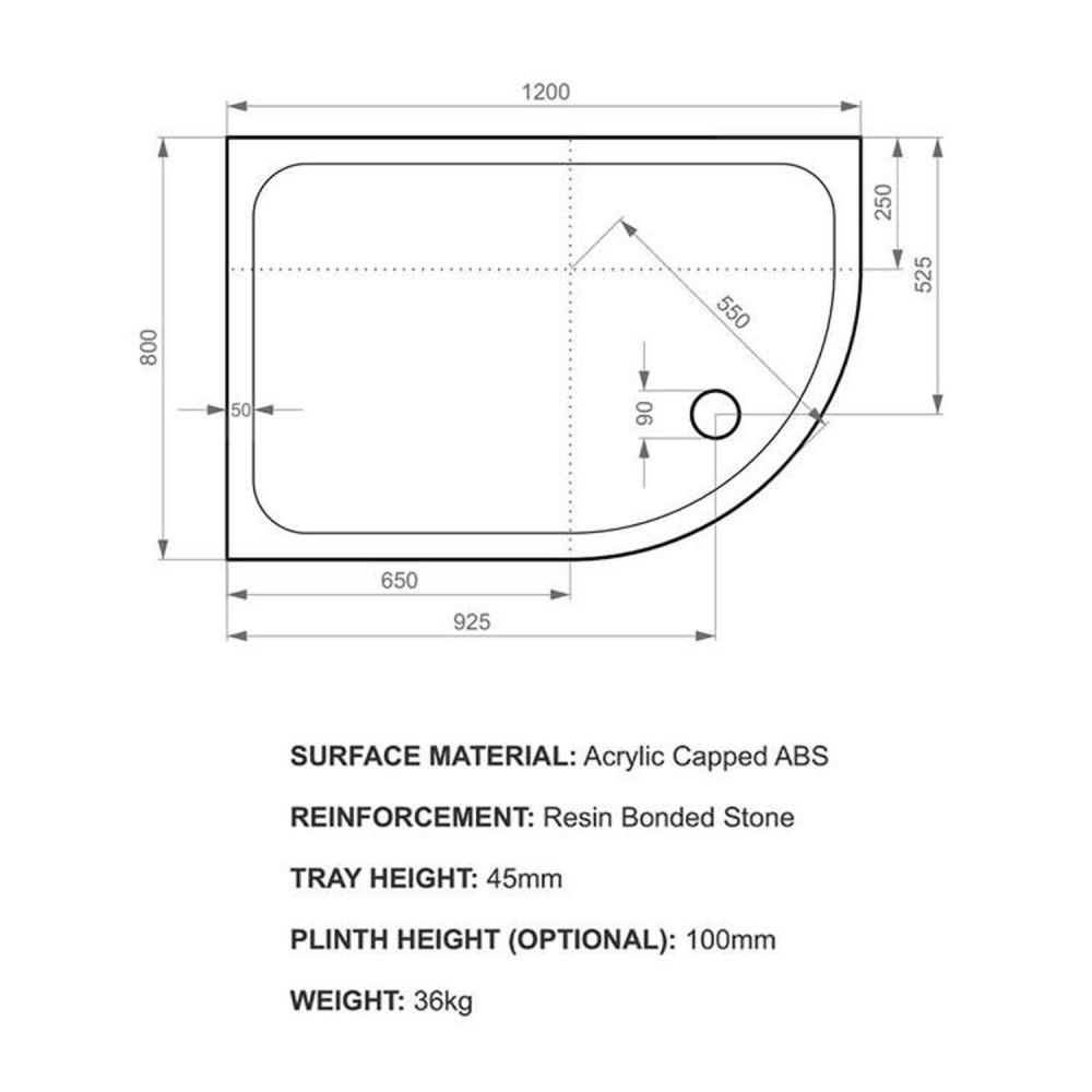Kstone Left Hand Offset Quadrant Shower Tray 1200x800mm KSQ12080LH Spec Drawing