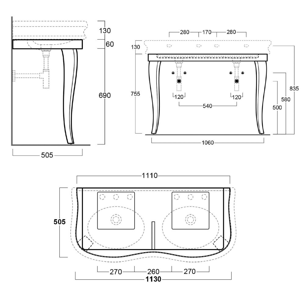 Laine Gloss White Double Console Basin with Wooden Stand Spec