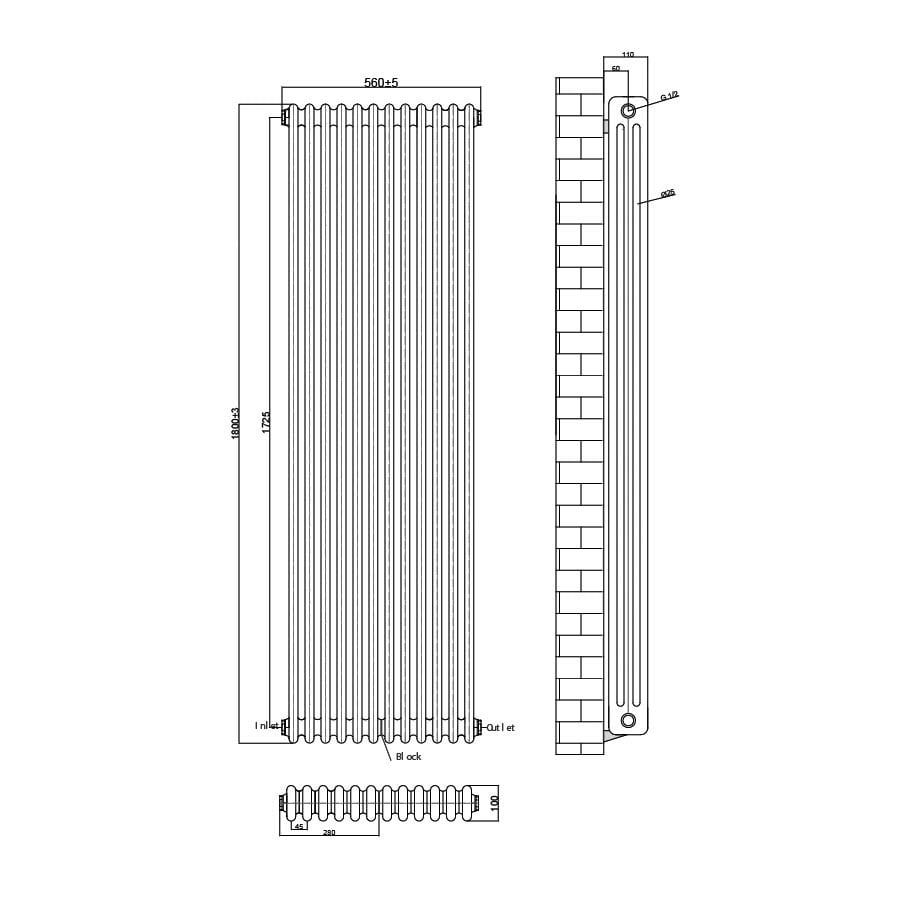 Upton Double Vertical Traditional Column Radiator 1800x560mm Technical Drawing