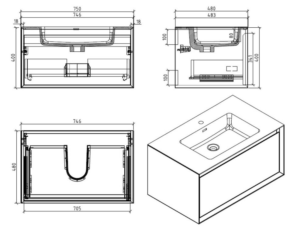 Snowdon White and Oak Wall Hung Vanity Unit with White Basin 750mm Dimensions