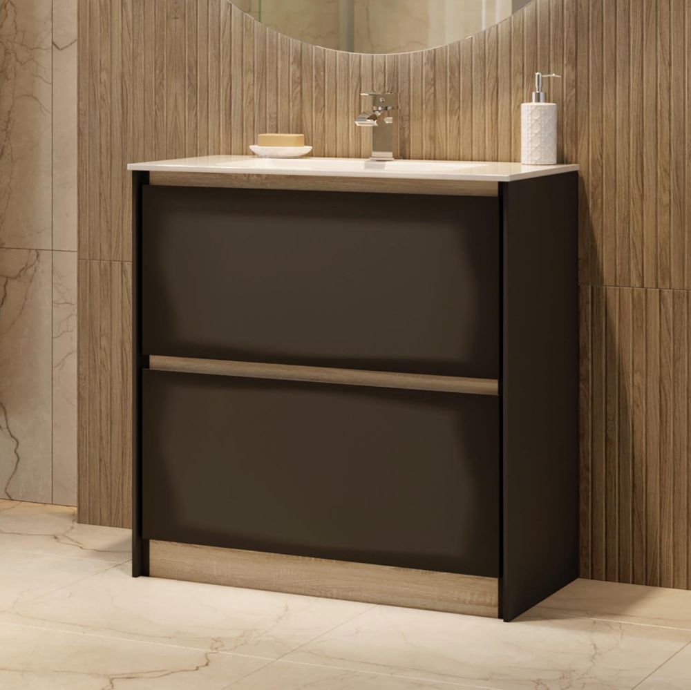 Newbury Matt Black and Sawn Oak Floor Standing Vanity Unit 800mm