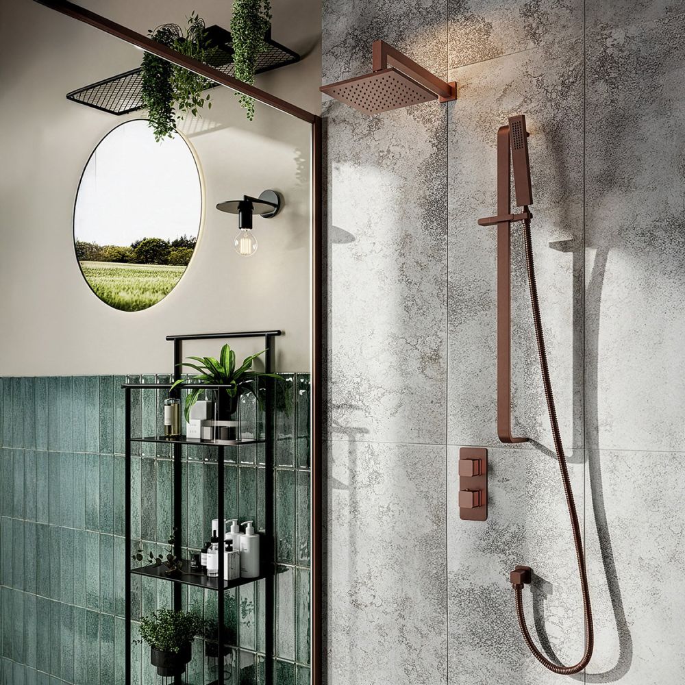 Liva Brushed Bronze Dual Outlet Square Shower Pack with Fixed Head & Slider Rail
