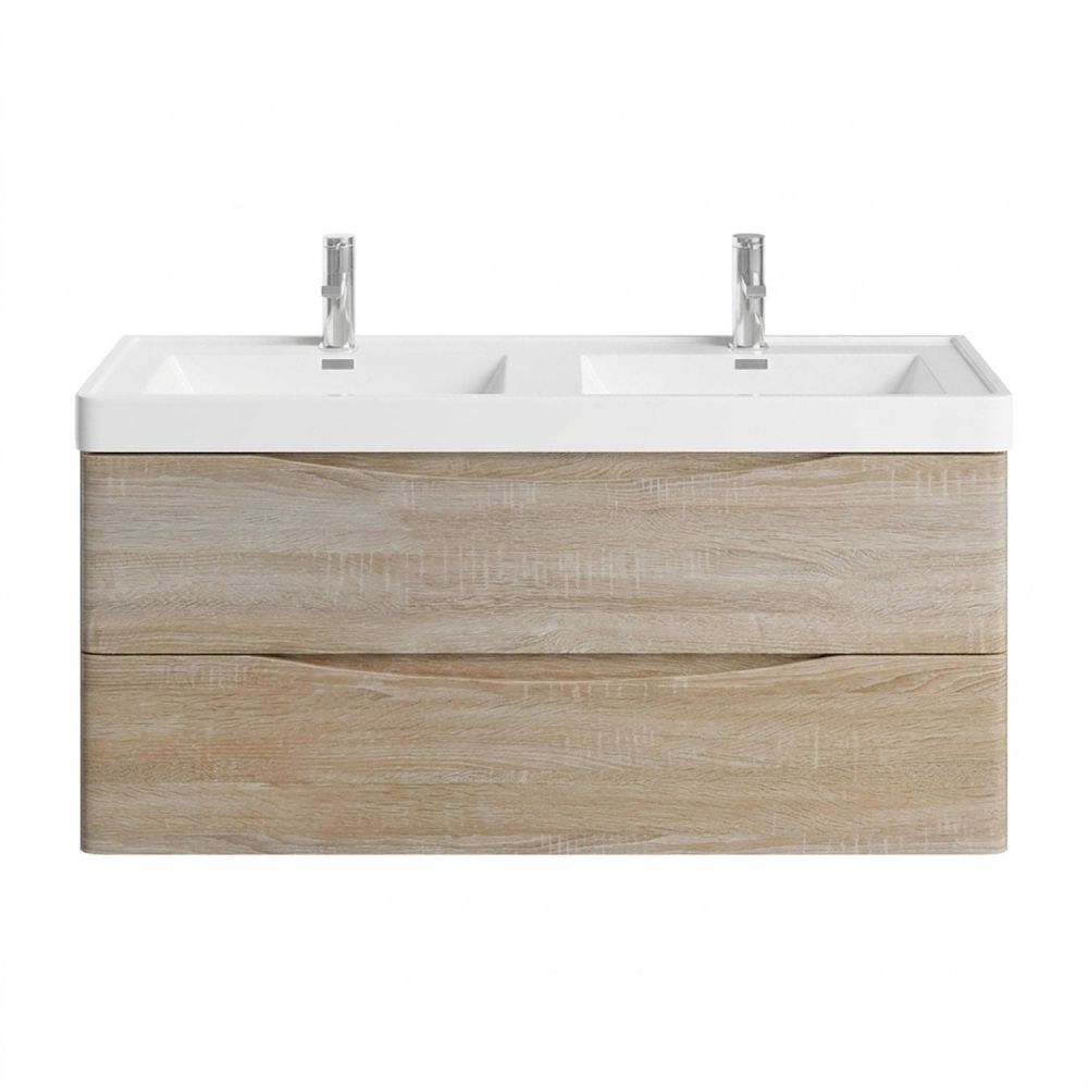 Front view of the Erin Light Oak Wall Hung Vanity Unit with Ceramic Basin 1200mm