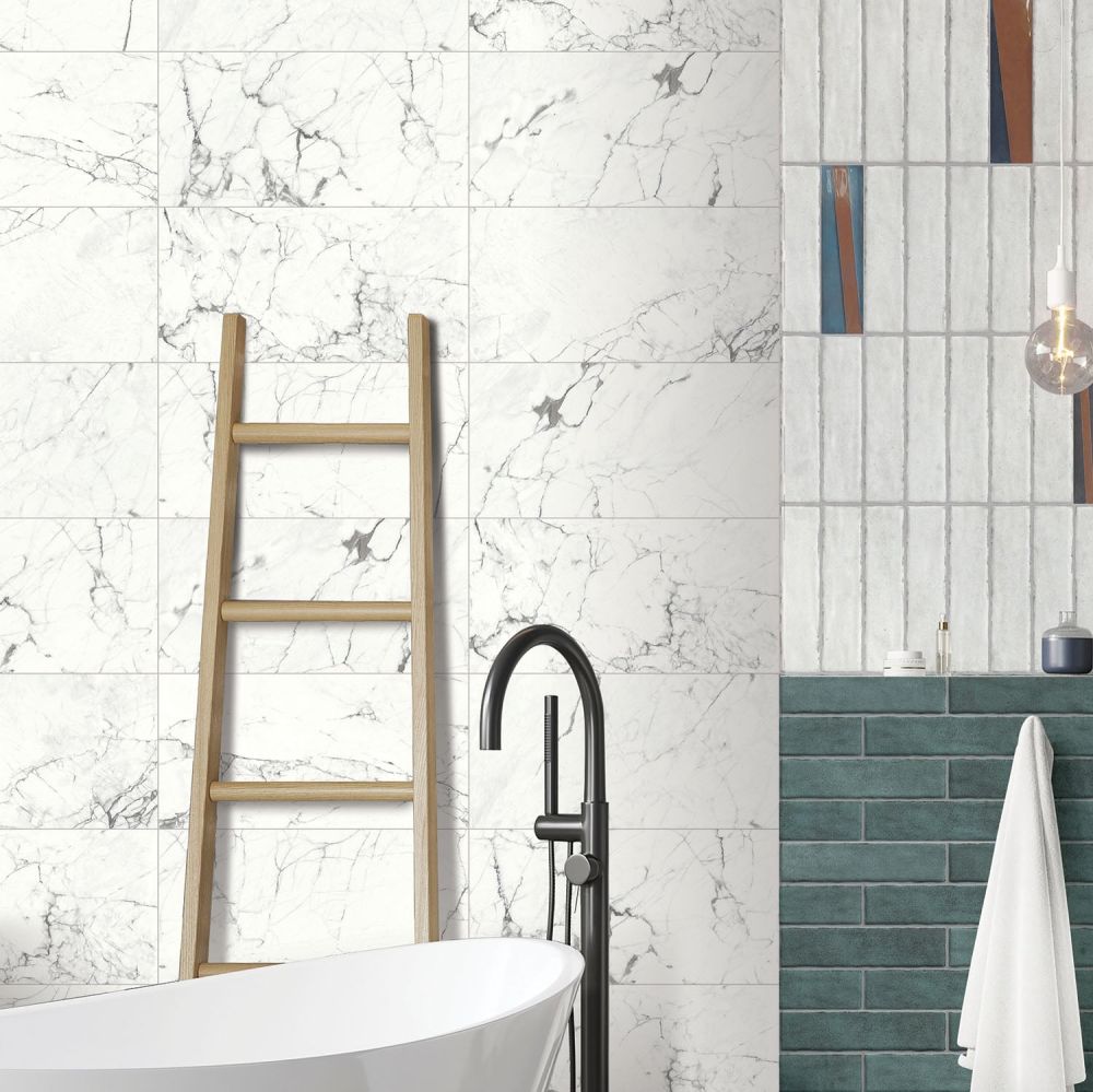 Santorini White Marble Gloss Ceramic Tile 600x300mm