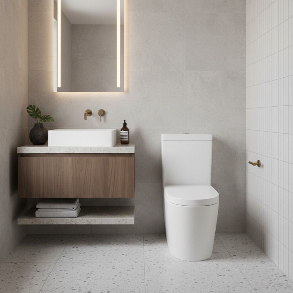 Froxfield Close Coupled Toilet in Modern Grey Bathroom with Wood Accents