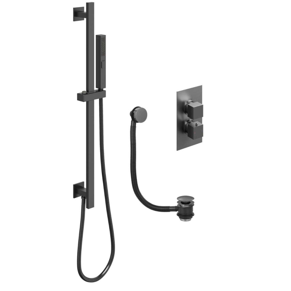Zena Gunmetal Square Double Outlet Valve with Slide Rail Kit and Bath Filler