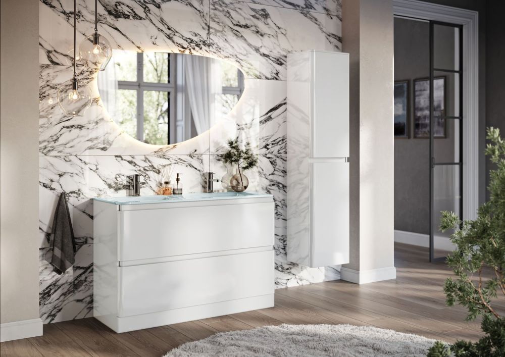 Neon Gloss White Floor Standing Vanity Unit with Opal Glass Basin 1200mm