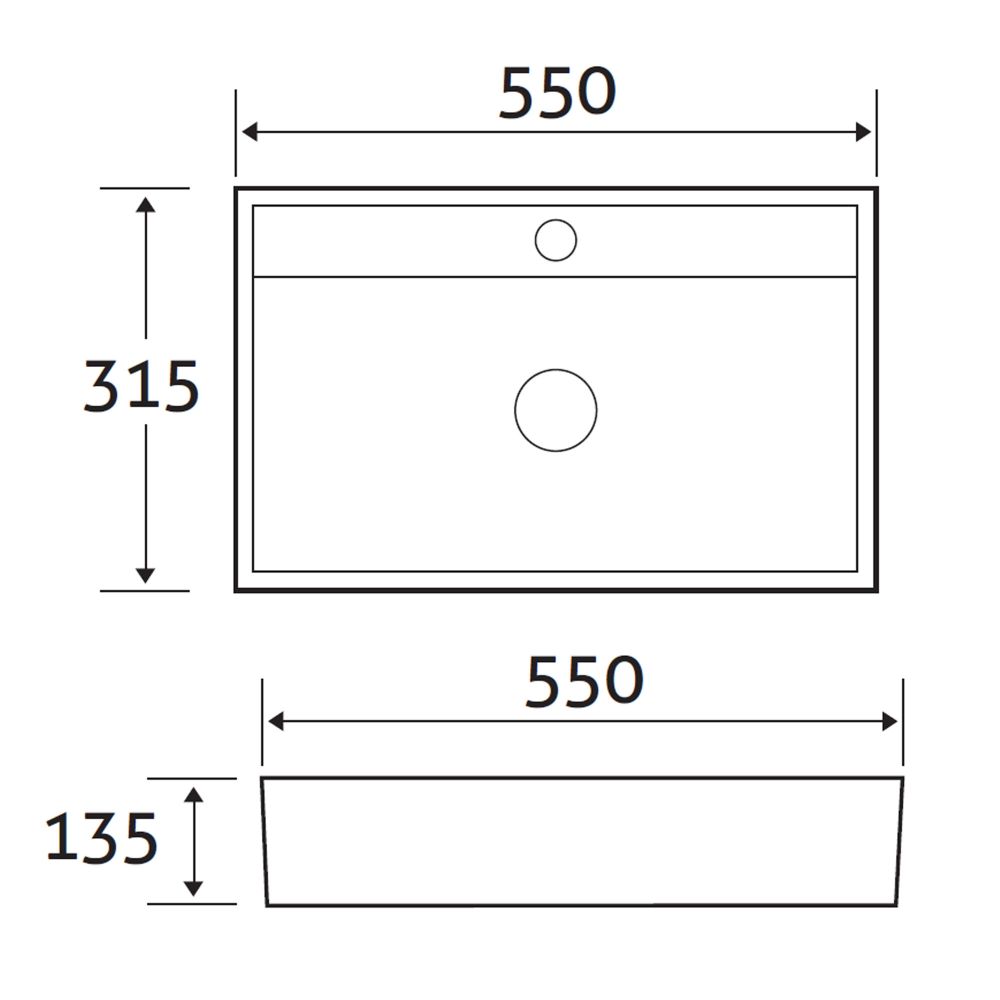Aero Ceramic White Rectangular Countertop Basin Specification Technical Drawing