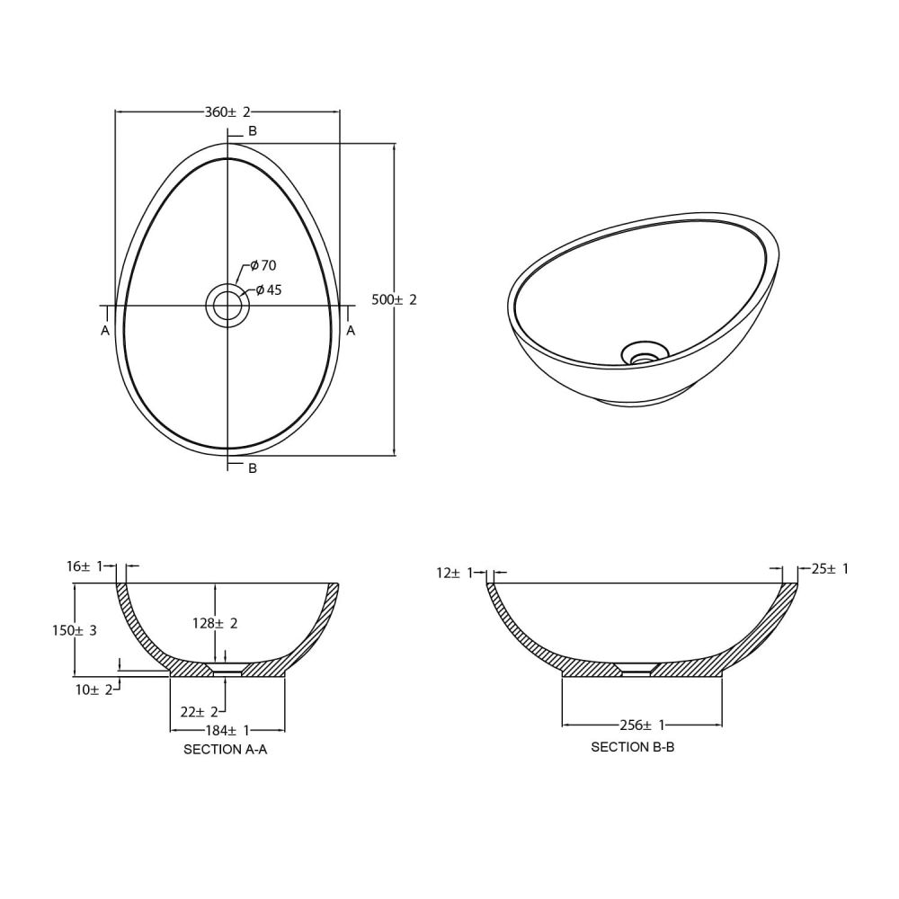 Brava Travertine Texture Concrete Egg Countertop Basin Spec Drawing