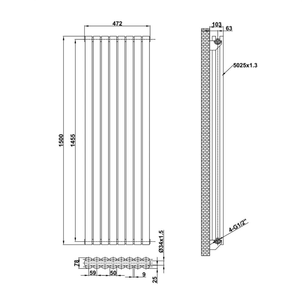 Islington Grey Double Vertical Radiator 1500x472mm