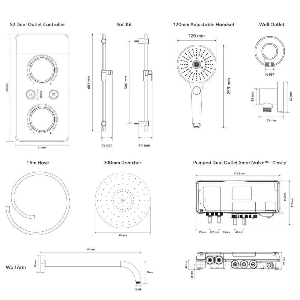Aqualisa S2 Matt Black Smart Digital Shower Dual Outlet (Slide Rail Kit with Fixed Wall Head) Gravity Pumped