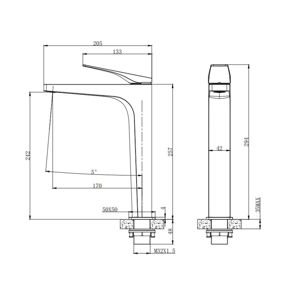 Riven Brushed Gold Tall Basin Mono Tap dimensions