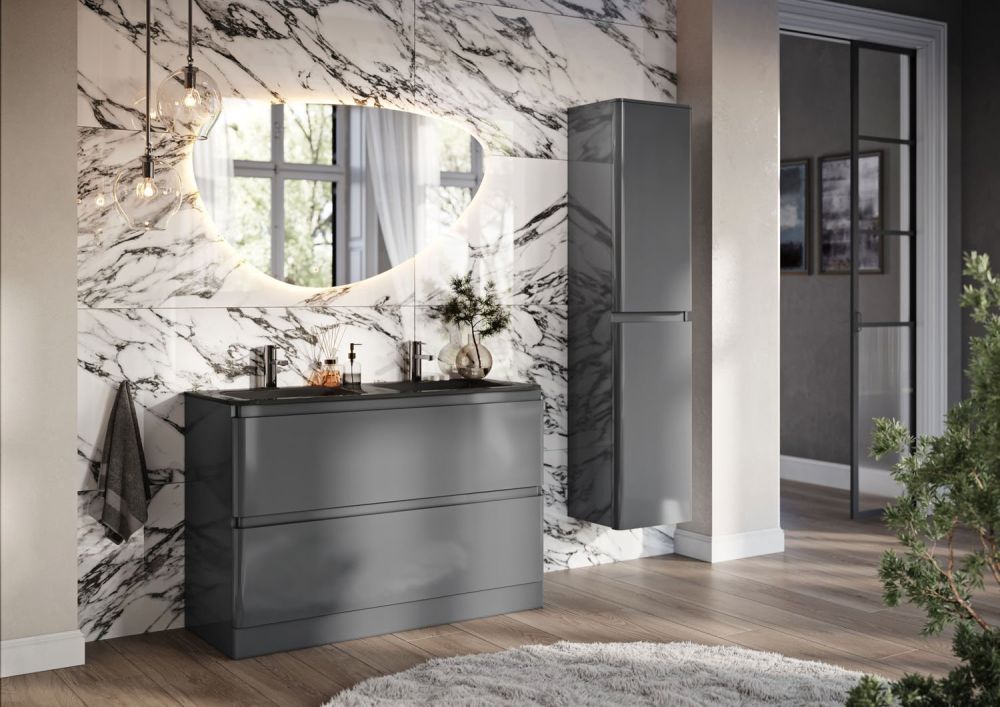 Neon Gloss Titanium Grey Floor Standing Vanity Unit with Grey Glass Basin 1200mm