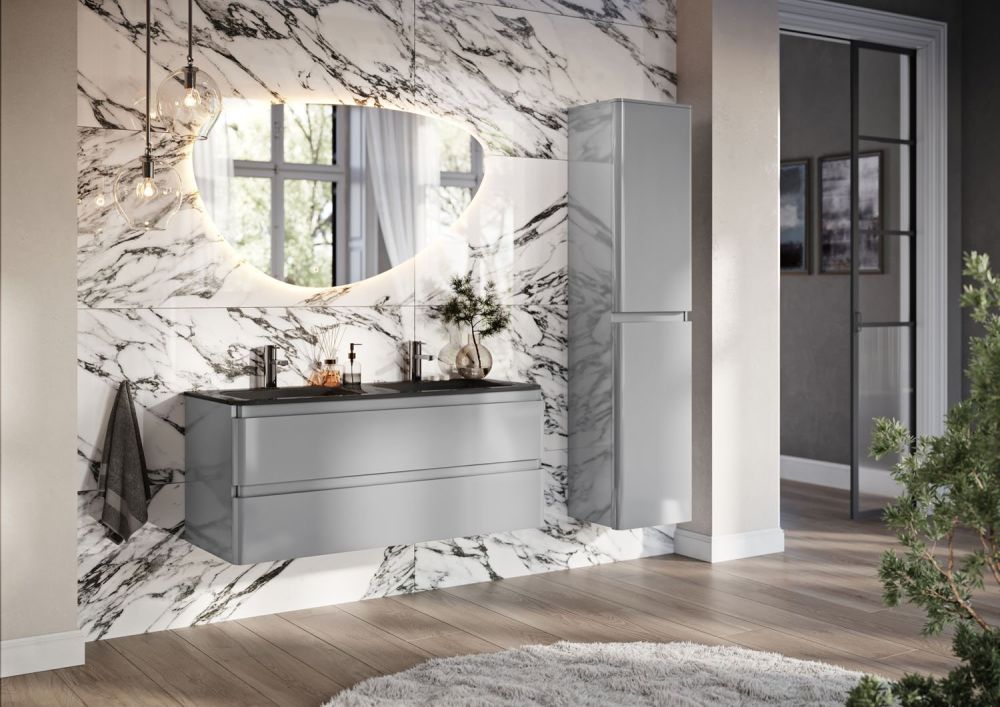 Neon Gloss Light Grey Wall Hung Vanity Unit with Grey Glass Basin 1200mm
