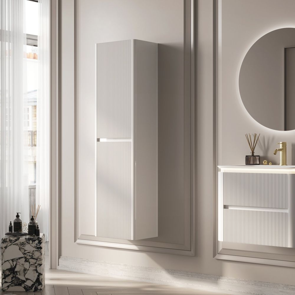 Liora Wall Hung Matt White Ribbed Tall Storage Unit