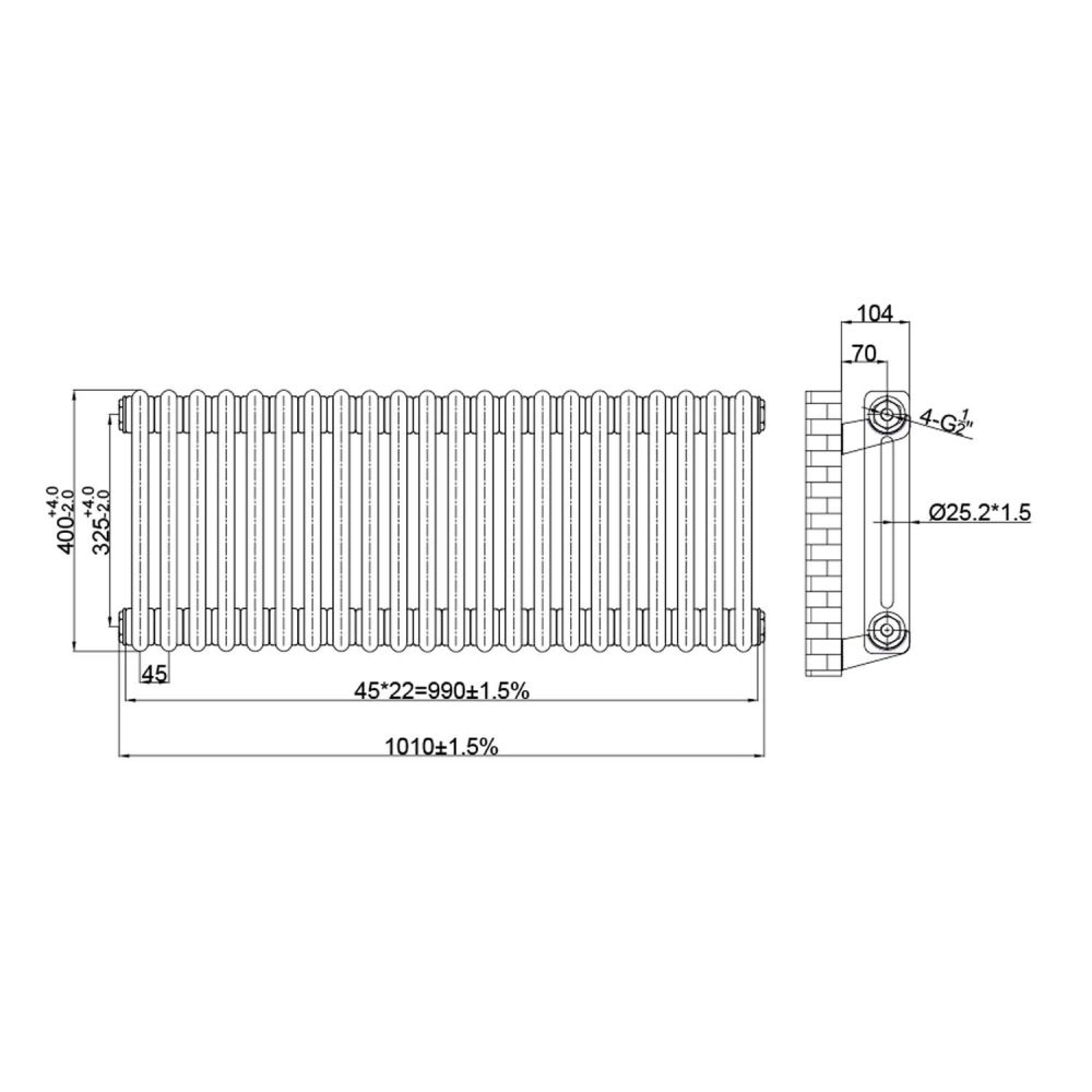 Clement Double Horizontal Column Radiator 400x1010mm Technical Drawing