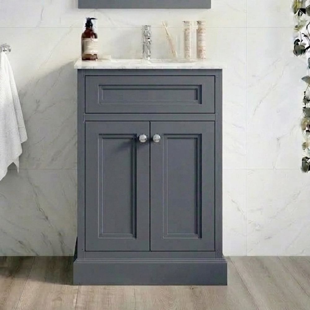 White marble bathroom showcasing the Richmond Midnight Grey Floor Standing Traditional Vanity Unit with White Marble Top 600mm