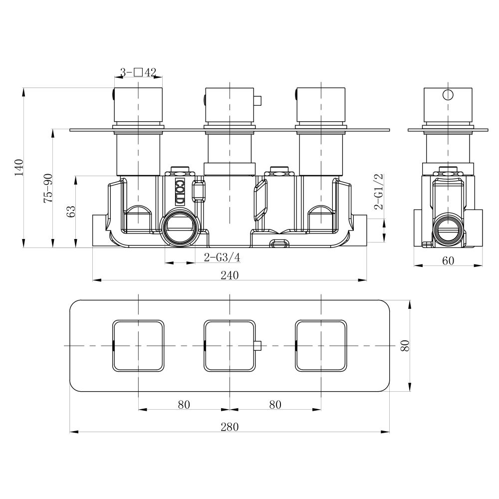 Technical Drawing of a Brushed Gold Triple Square Concealed Thermostatic Shower valve Dual Outlet