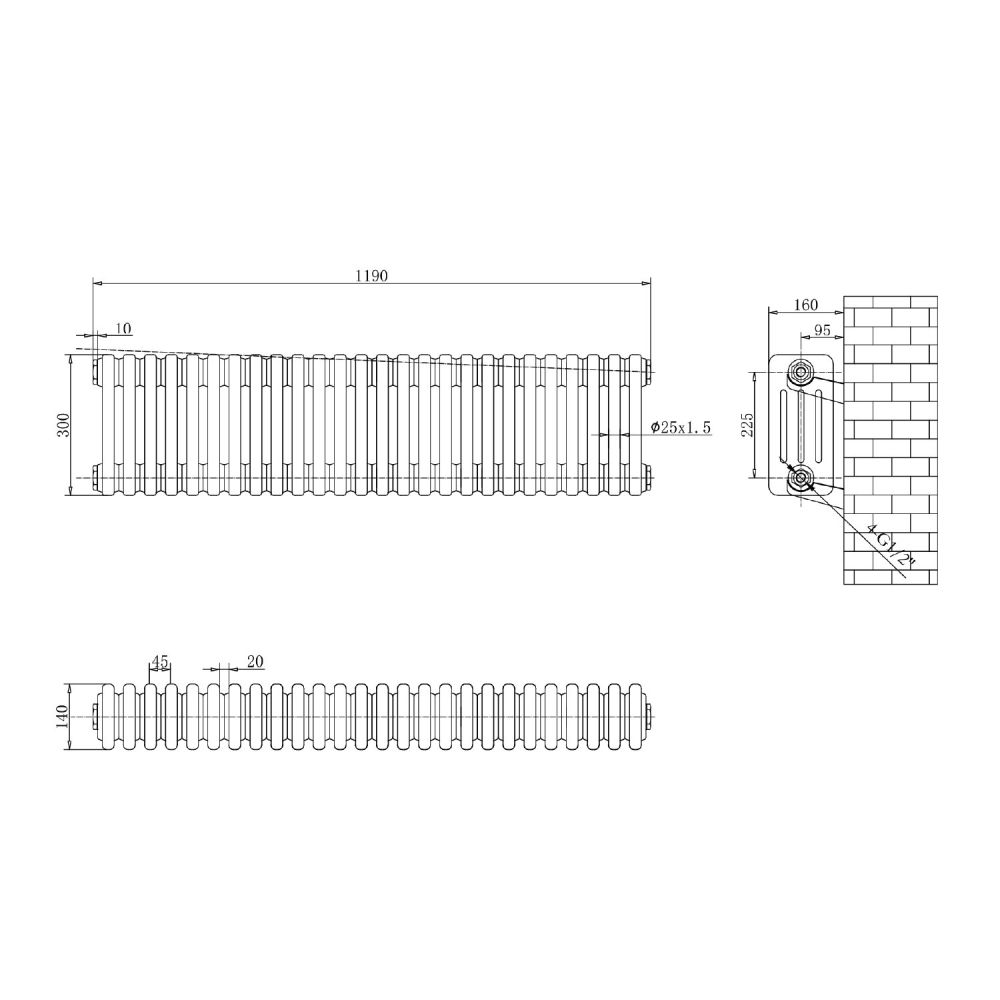 Upton Grey Quadruple Horizontal Column Radiator 300x1190mm