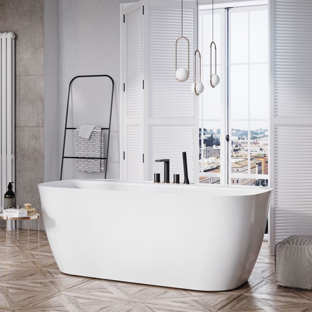 Contemporary styled roomset shwocasing the Tidal White Freestanding Acrylic Bath 1600x800mm