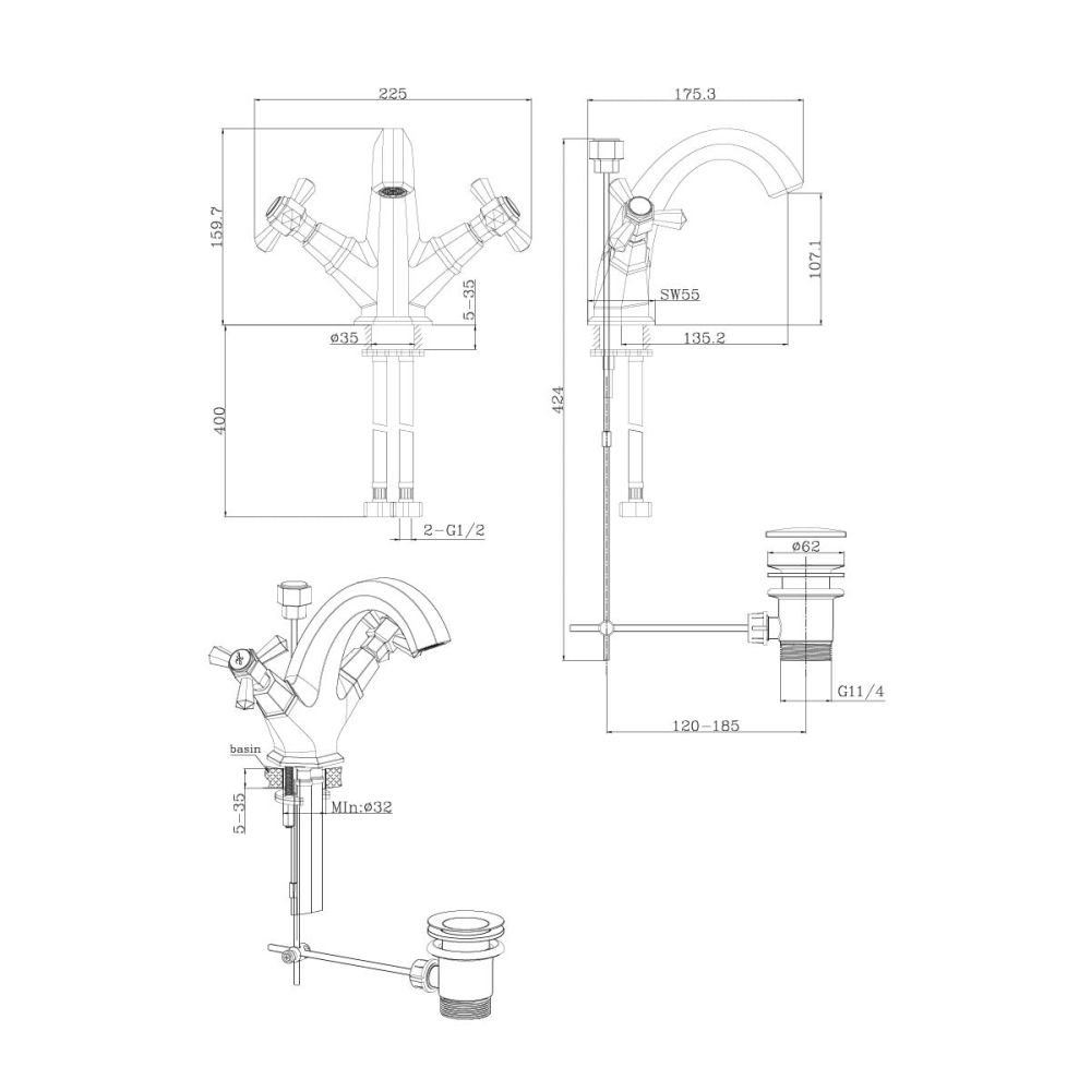 Adonis Gold Basin Mono Tap Spec Drawing
