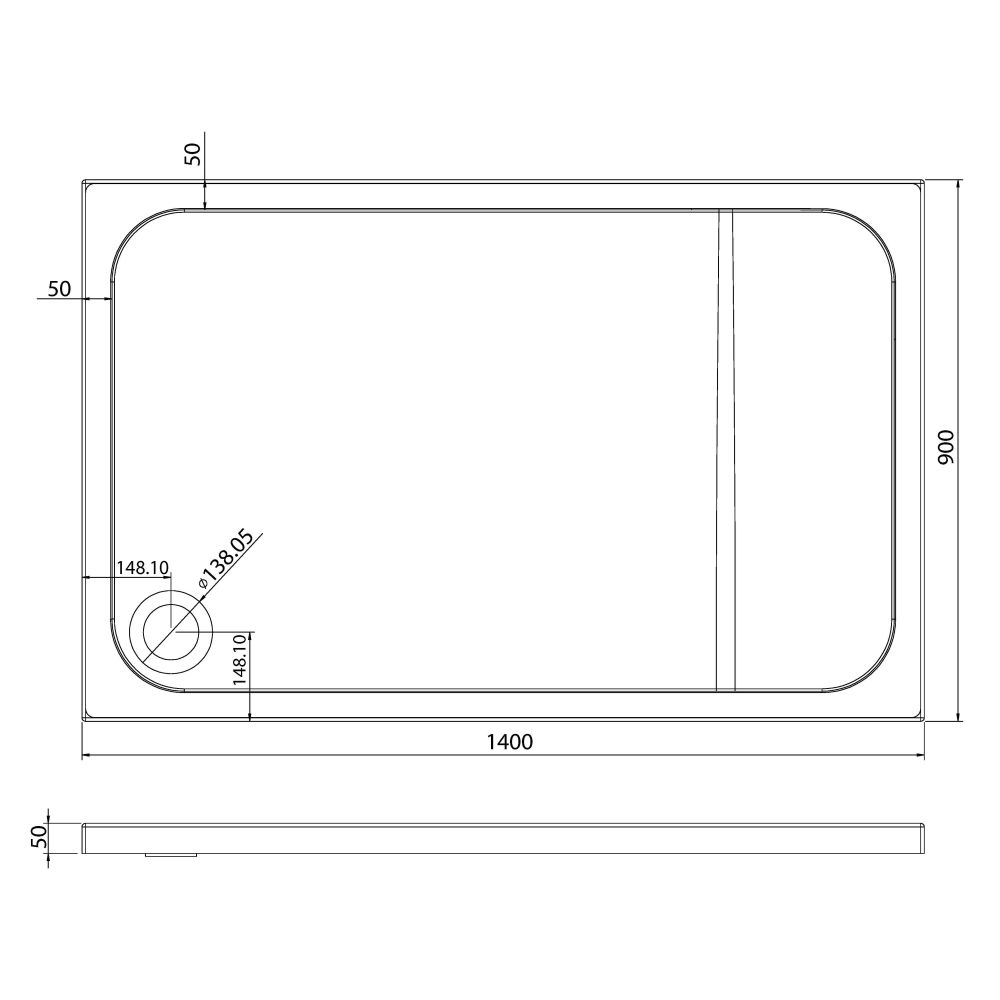Slate Effect Low Profile Non Slip Shower Tray 1400x900mm Spec Line Drawing
