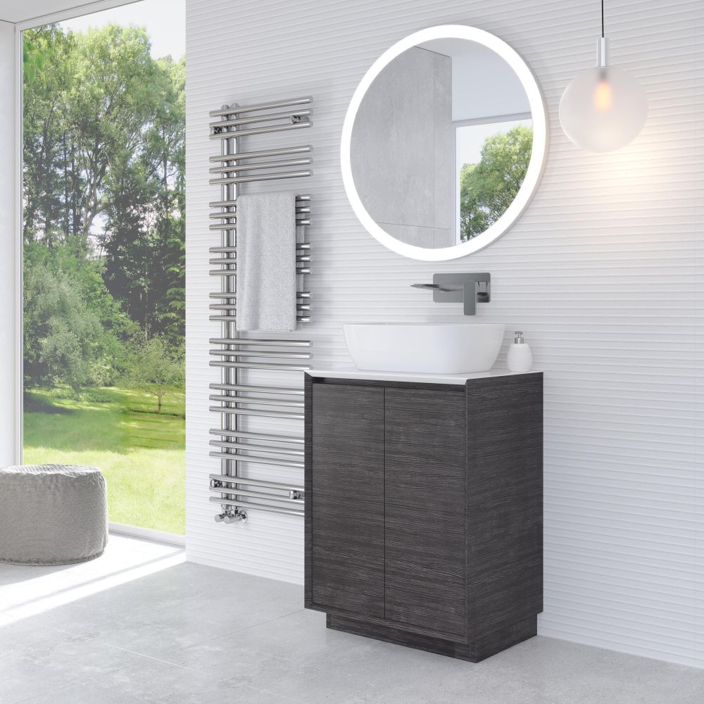 Snowdon 600mm Floor Standing Vanity Unit with White Worktop in Leached Oak
