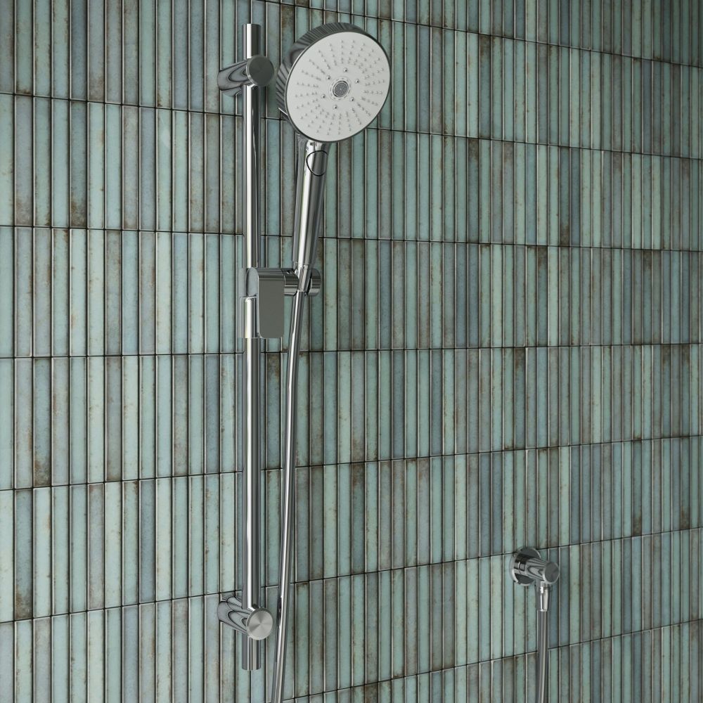 Aqualisa S3 chrome Slide Rail Kit detailed view upon a teal tiled background