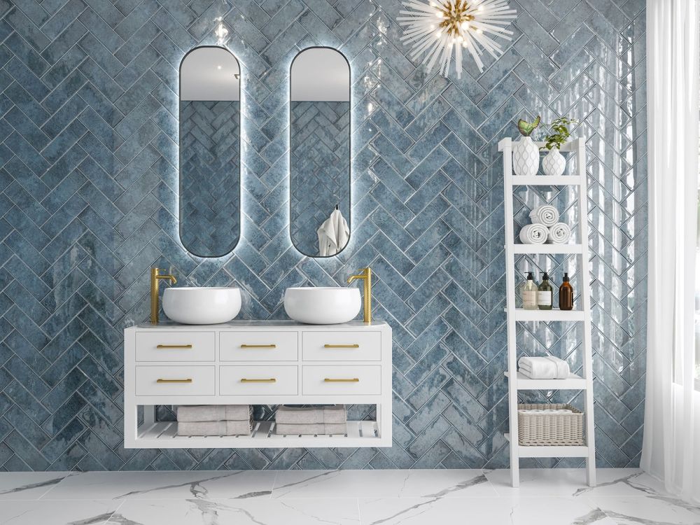 Lugano Blue Ceramic Brick Tile 100x300mm