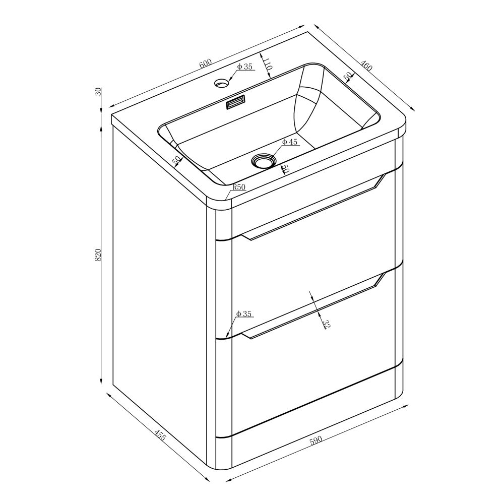 Floor Standing 600mm Vanity Unit in Matt White Dimensions
