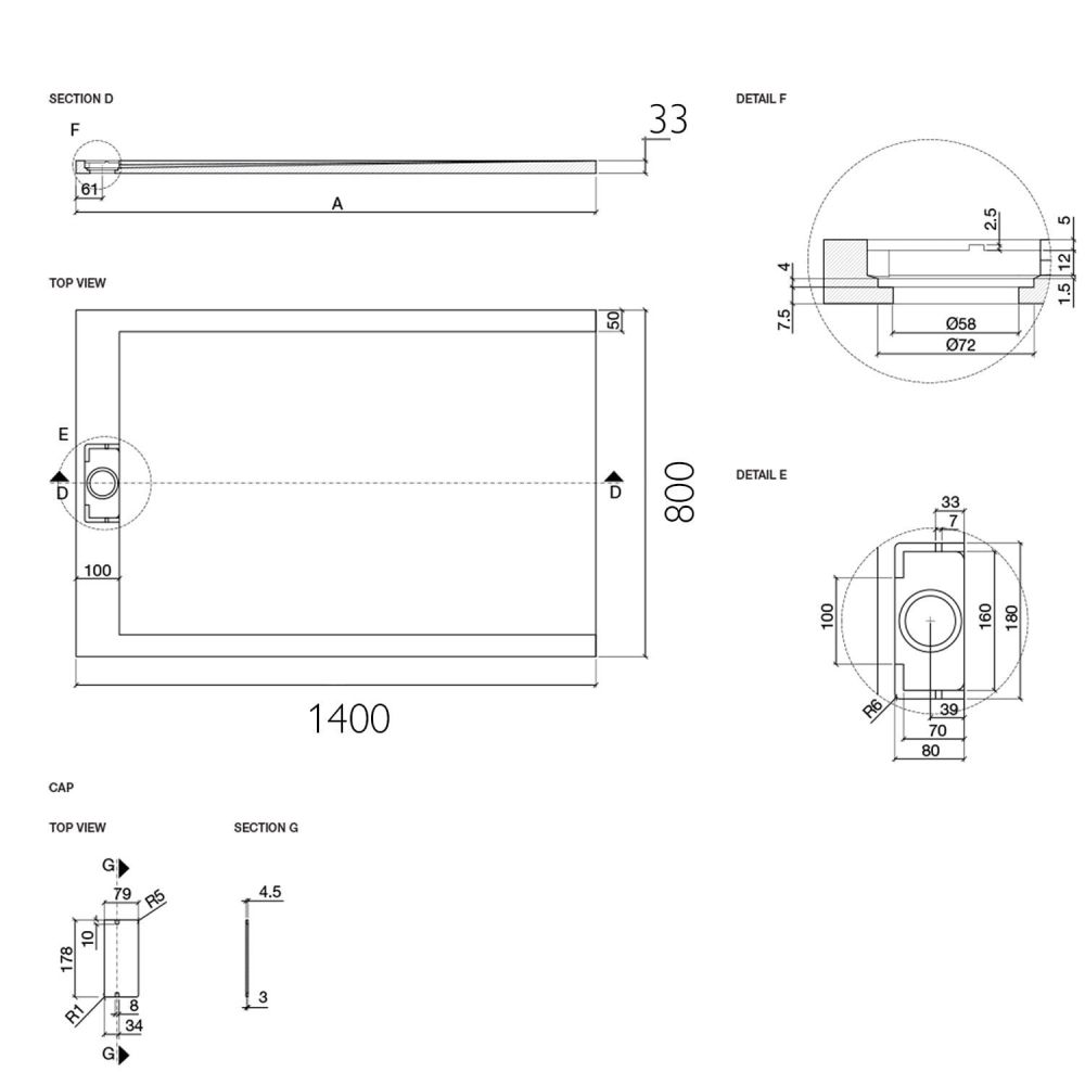 Neo Anthracite Slate Effect Shower Tray 1400x800mm Spec Drawing