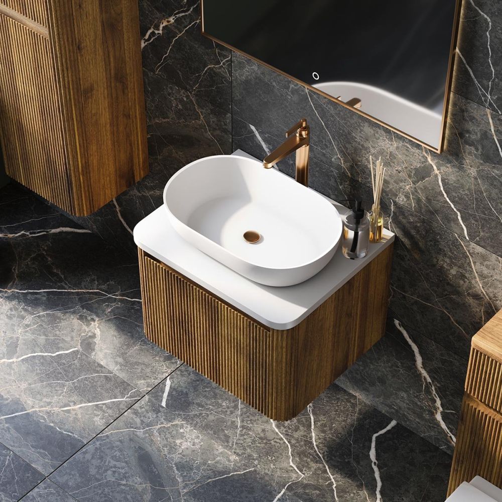 Wish Ribbed Wall Hung Vanity Unit in Walnut with White Worktop 600mm