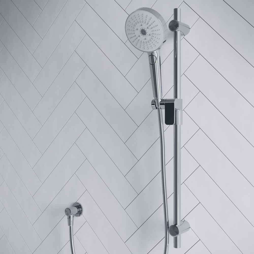 Aqualisa S3 Chrome Slide Rail Kit detailed view upon a white tiled background